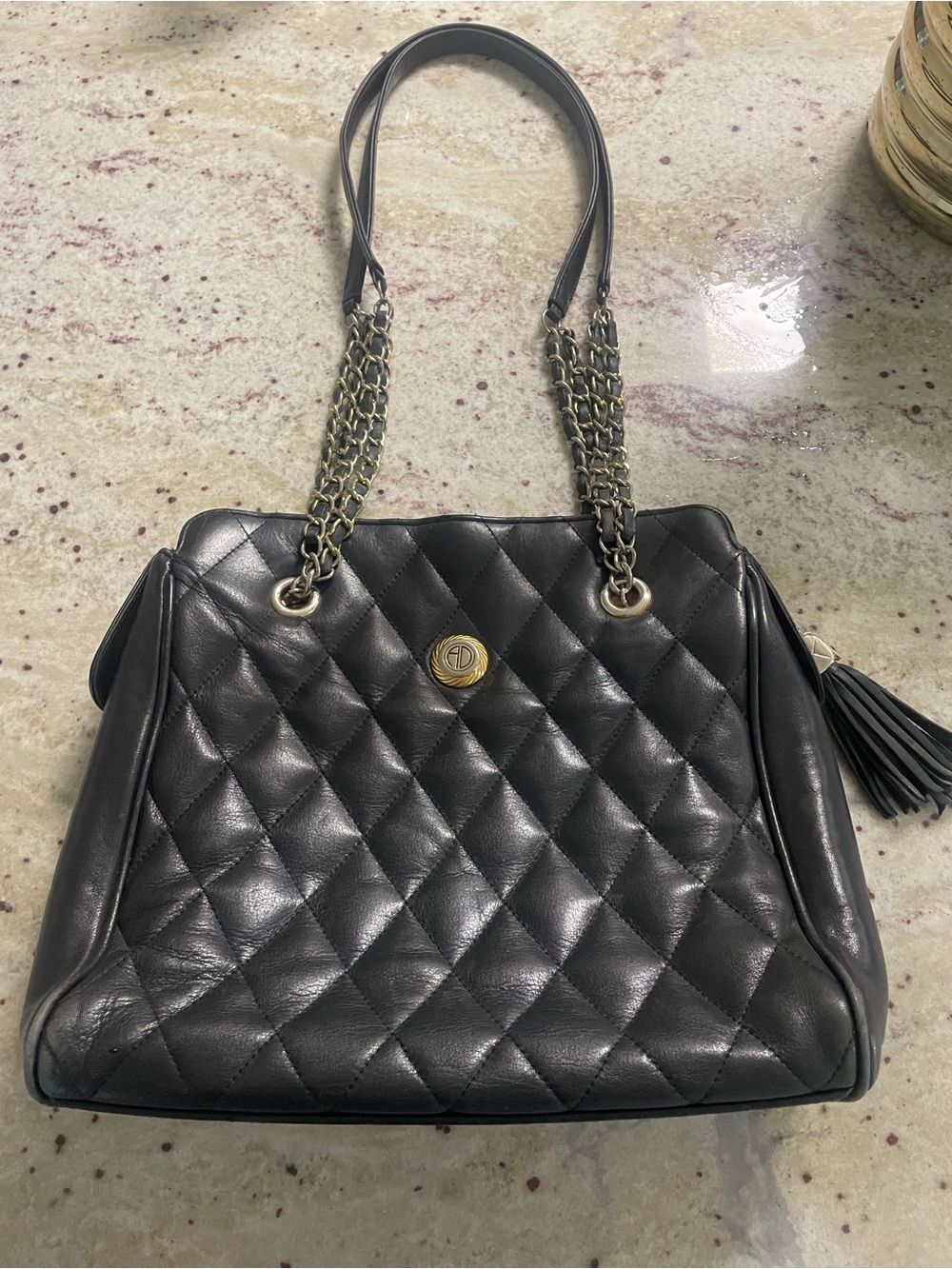 Black Quilted Leather Shoulder Bag with Chain Straps